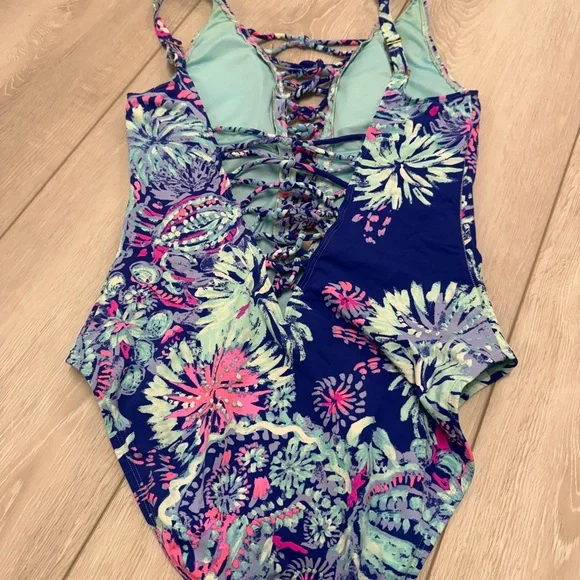 Lilly Pulitzer Blue and Pink One Piece Swimsuit Floral Design - Picture 3 of 4